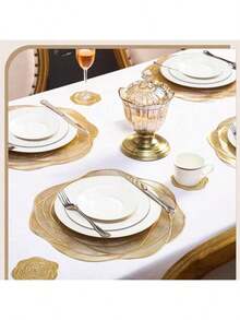 8pcs Set (4 Gold Hollow Rose PVC Placemats, 4 Gold Hollow Rose PVC Coasters), Washable, Easy To Clean, Wipe-Able, Non-Slip, Heat-Resistant, Suitable For Dining Table, Holiday, Wedding, Party Decor - Gold - View 3