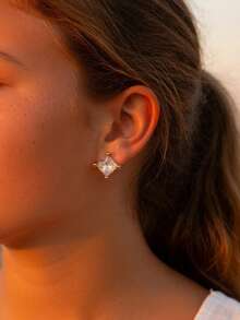 2 đôi bông tai vuông đính đá Cubic Zirconia cho bé gái, phụ kiện cơ bản hàng ngày. - Vàng - Xem 5