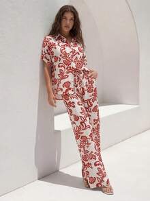 2 chiếc áo sơ mi thường ngày in hoa phong cách Bohemian kèm quần âu - Đỏ - Xem 6