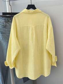 女士黄色梭织涤纶衬衫领上衣，长袖落肩设计，带口袋，春夏款 - 黃色 - 查看 2