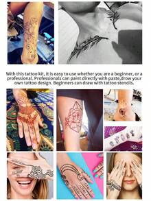 [Colorful Henna Tattoo Set]High-Quality Henna Tattoos In Multiple Colors, 12 Reusable Random Stencils | Pre-Mixed Natural Henna Dye For Temporary Body Art | Waterproof And Smudge-Proof, Durable | Beginner-Friendly DIY Kit, Suitable For Parties, Festivals, Halloween, Weddings, And Henna Nights - màu đen - Xem 6