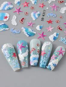 2pcs/Set Summer Beach Style Nail Stickers, 5D Embossed Wave Ocean Theme Shell Starfish Conch Turtle Coral Seahorse Pattern, Suitable For Wedding Party Holiday DIY Manicure Decoration - Multicolor - View 4