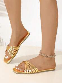 Dép lê quai vàng mới cho nữ mùa hè, dép bít mũi vuông, sandal đế bằng. - Vàng - Xem 15