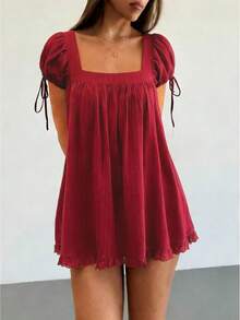 Womens Square Neck Blouse Short Sleeve Babydoll Ruffle Tops Dress Oversized Cute Peplum Casual Top Y2K Lace Trim Ruffle Flowy Dresses - 紅色 - 查看 1