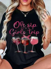 Oh Sip It's A Girls Trip White Top Comfortable And Versatile Tshirt Stylish Handwritten Text Whimsical Wine Glasses Design Casual Soft Cotton Crew Neck Tee Girls Getaway Bachelorette Party Girls Night Out - màu đen - Xem 14