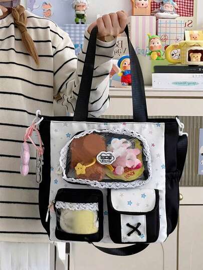 1 chiếc túi đeo vai Kawaii ren và họa tiết ngôi sao dành cho nữ, túi trang trí trong suốt đa năng kiểu Lolita thanh lịch với nhiều ngăn, túi xách dung tích lớn có dây đeo điều chỉnh được và có thể tháo rời.
