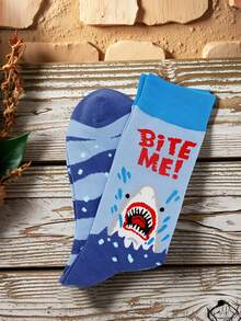 1 双男士鲨鱼图案中筒袜，动物纹印花袜，鲨鱼字母休闲中筒袜 - 彩色 - 查看 4