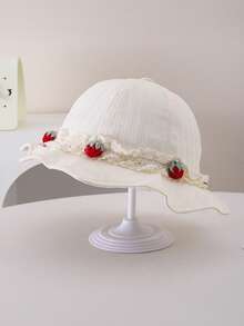 1pc Toddler Girls' Strawberry Lace Sun Hat, Wide Brim Bucket Hat For Spring/Summer UV Protection, Cute Children Beach/Outdoor Daily Wear - 1PC - View 6