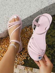 Women's Fashion Casual Comfortable Solid Color Open Toe Strap Minimalist Lightweight Summer Beach Retro Flat Sandals - Pink - View 3