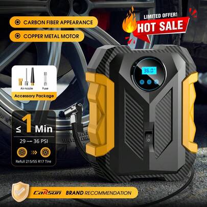  CARSUN 新款 22 缸碳纤维条纹铜电机大功率 150PSI 3 倍充气速度手持式 12V 直流照明空气压缩机泵