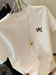 Women's Simple Pattern Printed Short Sleeve, Round Neck T-Shirt, Pattern T-Shirt Women's Top Loose And Comfortable Summer - 杏色 - 查看 5