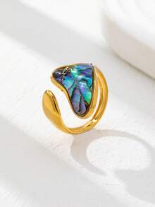 1 Pc 18K Gold Plated Asymmetrical Statement Ring For Women - Stackable Chunky Rings Set - Mother Of Pearl Jewelry For Daily And Party Wear - Multicolor - View 4
