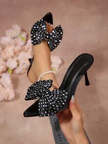 Dép lê cao gót mũi nhọn quai trong suốt đính nơ pha lê sang trọng dành cho nữ, màu đen, thích hợp cho tiệc tùng và mùa hè. - màu đen - Xem 3
