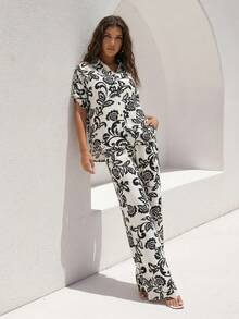 ZIAI 春季波西米亚风女装，夏季休闲复活节印花两件套上衣和裤子 - 黑色 - 查看 1