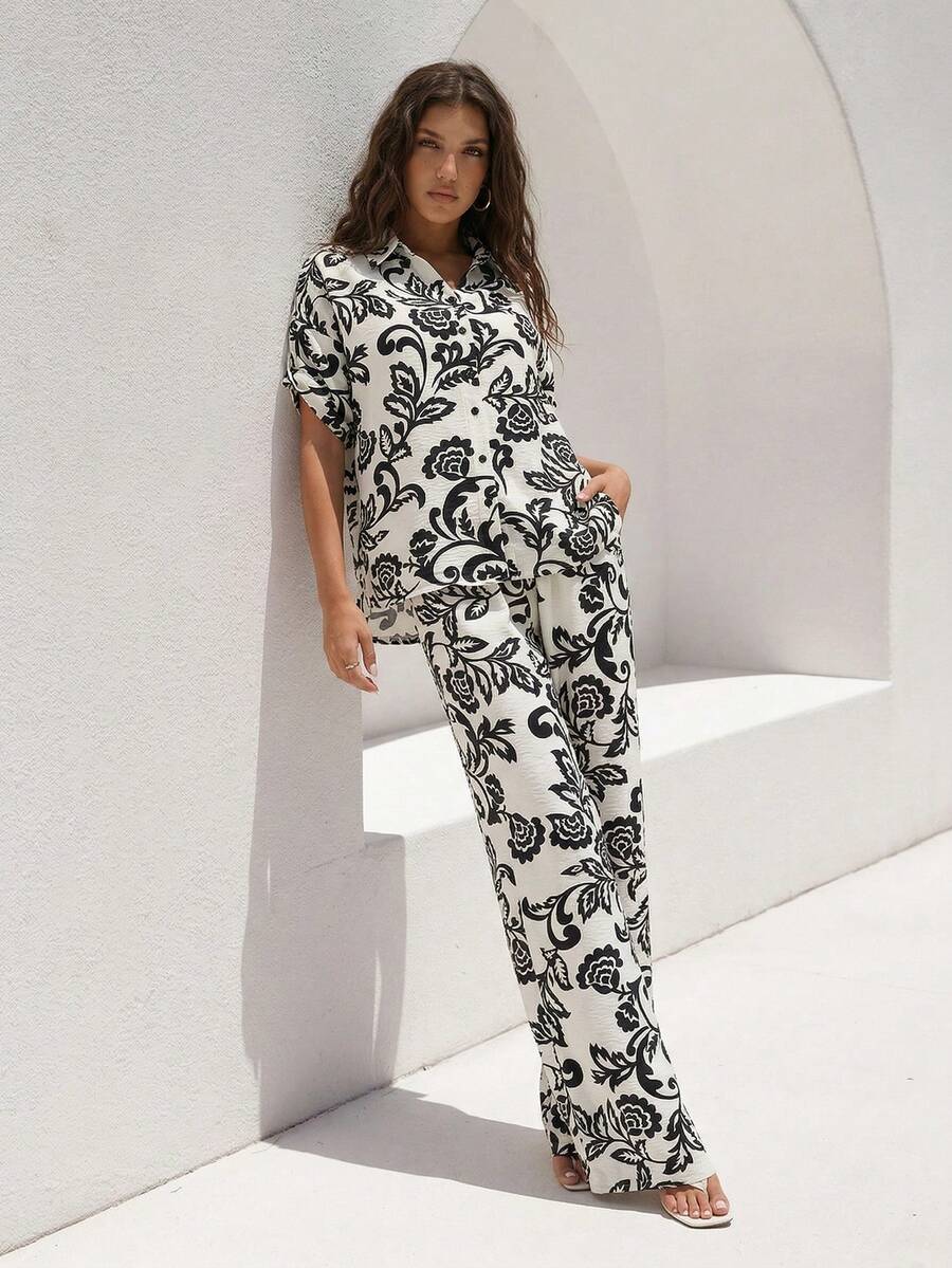 ZIAI 春季波西米亚风女装，夏季休闲复活节印花两件套上衣和裤子 - 黑色 - 查看 1