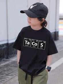 Boys & Teens' Casual Graphic Print Round Neck Short Sleeve T-Shirt, Summer Top - Black 3 - View 1