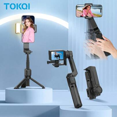 TOKQI HQ2SE - Portable Smartphone Gimbal Stabilizer, 360° Auto Rotation Foldable Phone Holder With Wireless Remote, 3-In-1 Extendable Selfie Stick Tripod/Gimbal Stabilizer/Ground Stand, With Replaceable Fill Light, Compatible With Smartphones, For Party Recording, Live Streaming, Video Shooting, Outdoor Activities, Vacation