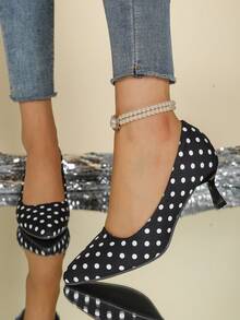 1 Pair Women's French Luxury Polka Dot Pointed Toe Stiletto Heels; White Polka Dot Print Design, Low-Cut To Elongate Foot, Comfortable & Versatile, Suitable For Spring/Summer Commute And Dating - Black - View 3