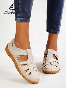 Sandálias femininas de verão com fecho, design minimalista de bico fechado para uso confortável ao ar livre, sapatos baixos sem fecho, adequados para jeans, saias, tamanhos grandes, estilo férias. - Bege - Ver 7