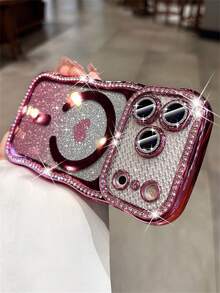 奢华闪亮水钻波浪边框防震手机壳，亮片爱心渐变闪粉，适用于 17 Pro Max、17 Pro、17、16 Pro Max、15 Pro Max、14 Pro Max、13 Pro Max、15、14、16 Plus，闪亮摄像头镜头保护防摔后盖 - 粉色 - 查看 4