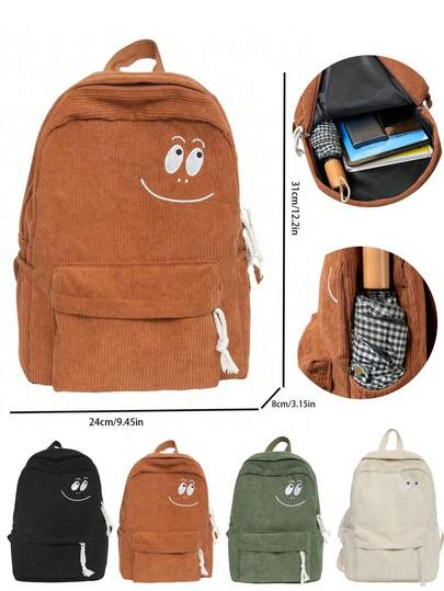 Ins风大容量背包，灯芯绒可爱笑脸设计，轻便透气书包/大学包，时尚百搭