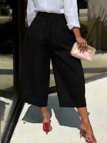 1pc Women's Fashionable Casual Solid Color Wide Leg Capri Pants, Comfortable Casual Patchwork Design, Wide Leg Pants Suit For Daily Commute & Work, Spring/Summer Black - Black - View 2