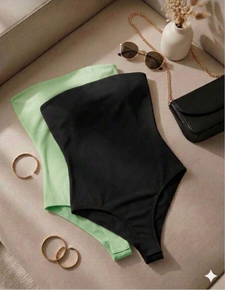 Set Of 2 Strapless Sleeveless Basic Casual Versatile Bodysuits In Spandex Fabric With Padded Cups For Everyday Use - Đen và xanh lá cây - Xem 1