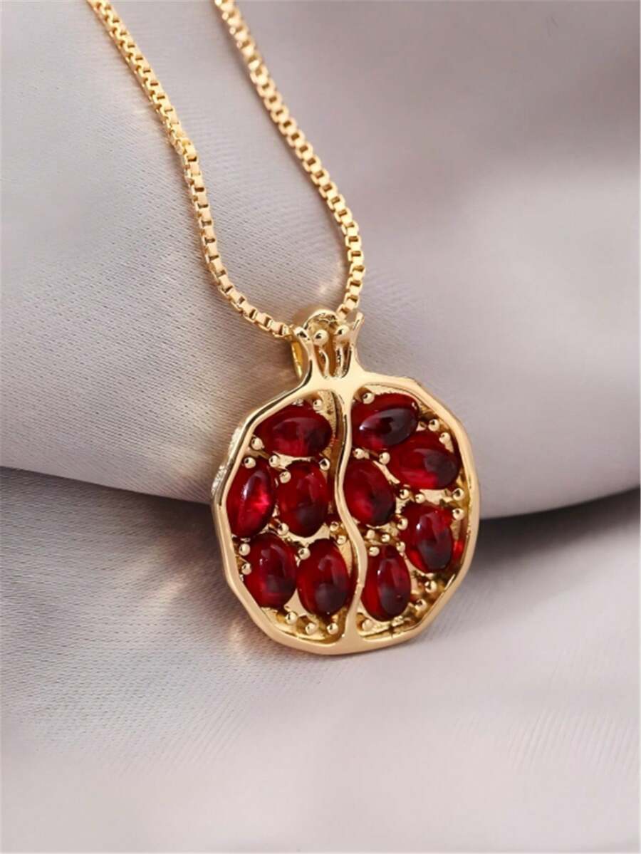 1 chiếc dây chuyền mặt dây chuyền hình hạt lựu đỏ bằng hợp kim, quà tặng cho phụ nữ. - Vàng - Xem 1