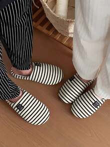 Pantufas listradas unissex, leves, silenciosas e com sola macia, bordado de urso, estilo retrô para ambientes internos, adequadas para todas as estações, pantufas casuais confortáveis e respiráveis. - Azul marinho - Ver 8