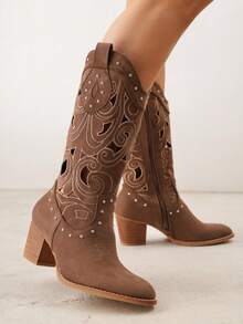 Soft Suede Cowboy Boots - Women's Casual Autumn/Fall Boots - Brown - View 2