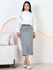 Women's Elegant Tailored Midi Skirt With Belt - 灰色 - 查看 6