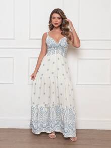 Women's Boho Long Dress With Printed Appliques - 淺色水洗藍 - 查看 1