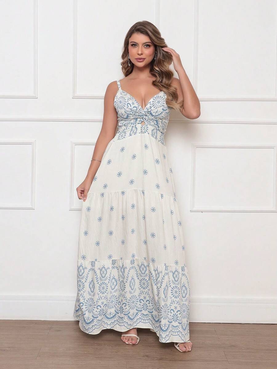 Women's Boho Long Dress With Printed Appliques - 淺色水洗藍 - 查看 1