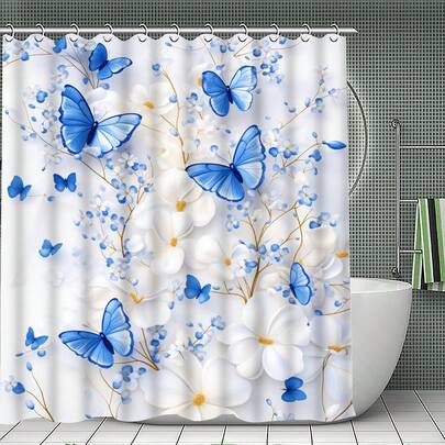 1/4 件套蓝色蝴蝶与春日花卉印花浴室套装 - 包括浴帘、马桶盖、浴垫和地毯。设计奢华高端，色调深沉，防水耐磨；配有 12 个挂钩。