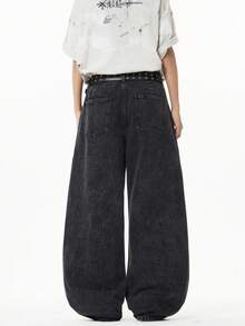 1 buc. Justice Brother American Casual Brand Blugi bărbătești, stil american, stil casual, cu decor nituri, pantaloni din denim tip patchwork, croială largă, croială lejeră (curea și accesoriile nu sunt incluse) - Negru - Vizualizare 3