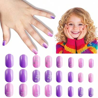 NAIO 24pcs Kids Press On Nails, Purple Pink Gradient Star Full Cover False Nails Colorful Full Cover Short False Nails For Girls, Cute Mixed Pattern Wearable Nail Kit With Storage Box & Nail File