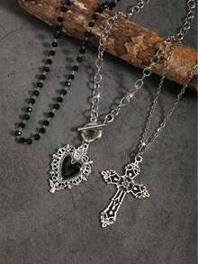 Set de 3 collares con colgante de cruz y corazón estilo gótico, collares superpuestos, accesorios de moda para adolescentes, primavera/verano - Negro - Ver 2