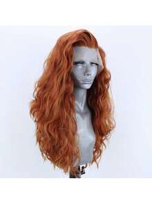 芥末黄女士波浪假发，耐热合成蕾丝前假发，自然发际线，适合日常佩戴、音乐节及角色扮演场合。 - 彩色 - 查看 3