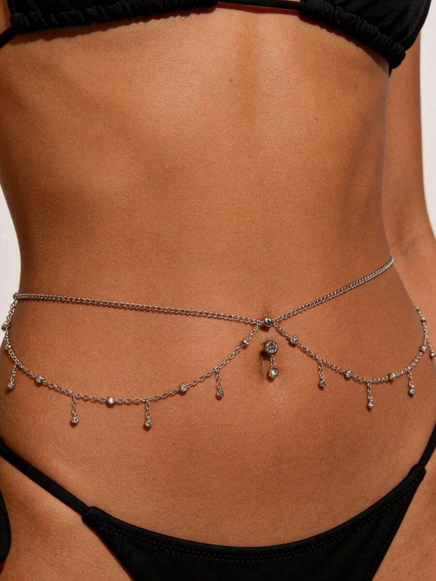 1 pieza Anillo de ombligo y cadena de cintura con joyas corporales de borlas de circonita con rhinestones sexy, adecuado para playa, vacaciones y festivales - Plateado - Ver 1