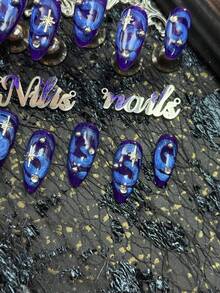10pcs Almond Nail Acrylic Kit, Royal Blue Nails, Royal Blue Tie Dye, Hand Drawn Blue Rotating Asymmetric Wave Texture, Smooth Lines With A Sense Of Blending, With A Casual Cool Feeling, 3D Silver Beads&Eight Pointed Stars And Other Nail Accessories, Echoing The Night Sky&Starlight Theme, The Overall Style Tends To Be Cyberpunk Style, With Cool Tones - Royal Blue - View 6