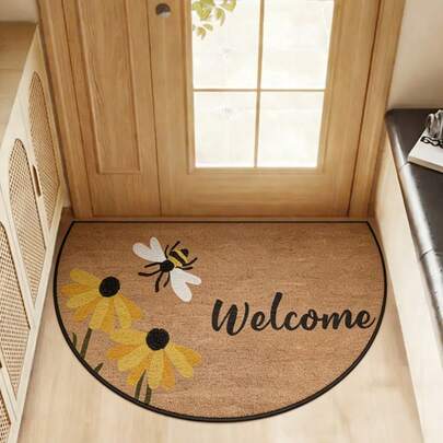 Thảm chùi chân bằng nhung họa tiết ong và hoa, có thể giặt được. Thiết kế hình bán nguyệt, thích hợp cho nhà bếp, phòng tắm, phòng ngủ, thảm trang trí nhà cửa, thảm trải sàn, thảm nhỏ, trang trí ngày lễ.