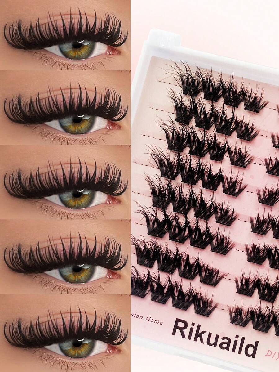 Rikuaild 64pcs D-Curl Flared Wet Look Cat Eye False Eyelashes, Natural Look Suitable For Party And Daily Makeup, Cluster Lashes, Individual Lashes, Eyelash Extension - D - View 1