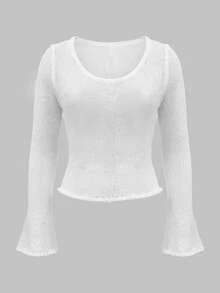 2026春夏新款女士休闲优雅街头风沙滩派对度假针织上衣，采用轻薄面料，圆领，喇叭袖，褶皱下摆，适合沙滩、郊游、约会、度假、日常穿着、派对、情人节、春季旅行、节日、夏季假期、夏季、节日、外出等场合，是夏季上衣的理想之选。 - 杏色 - 查看 4