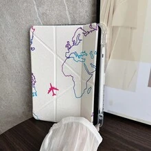 1pc Gradient World Map & Airplane Route Print Tablet Protective Case With Pencil Slot, Compatible With IPad 10.9/10.2/Air 5th Gen/Pro11/10th/9.7/Air 2/(7th Gen)/(8th Gen)/Air 4/5/Pro 11/10th Generation 10.9 Inch 2022 Model, Smart Sleep/Wake Function, Fashionable Tablet Accessory, Suitable For Mi 5/5PR/6/6PRO/7/7PRO/Galaxy Tab S10+/S9/A9 - Multicolor - View 9