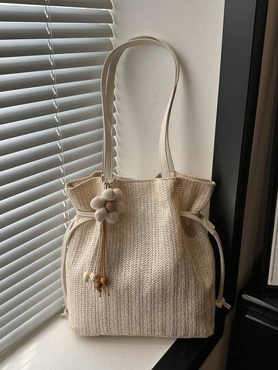1pc Fashion Large Capacity Straw Bucket Bag, Versatile Shoulder Tote Bag With Drawstring Closure, Casual Woven Handbag With Detachable Flower Charm, Suitable For Travel, Beach, Commute, Leisure
