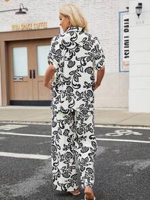 ZIAI 春季波西米亚风女装，夏季休闲复活节印花两件套上衣和裤子 - 黑色 - 查看 6