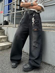 1pc Hearty Haven American Street Style Distressed Men's Loose Fit Wide Leg Washed Denim Jeans (No Belt & Accessories) - Black - View 7