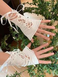 1pair,White Lace Arm Sleeves For Women, Ultra-Thin Summer Sun Protection Wrist Cover, Solid Color Breathable Gloves With Ribbon Ties - Multicolor - View 11