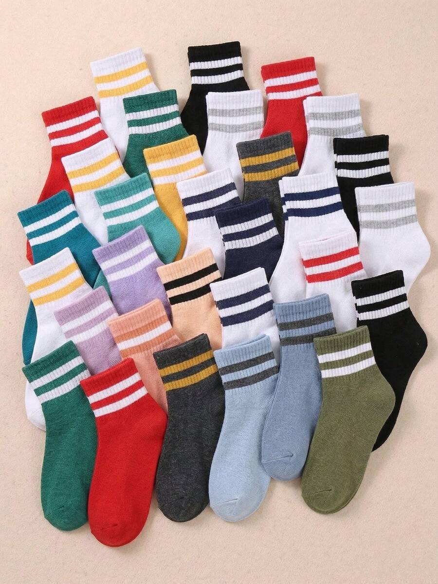 20/10 Pairs Kids Random Color Double Stripe Mid-Calf Socks, Comfortable ...