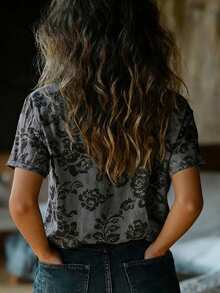 YI XUAN Women's Retro Floral Print Fashion Shirt, Front Dual Pocket Design Short Sleeve Blouse - Dark Grey - View 2